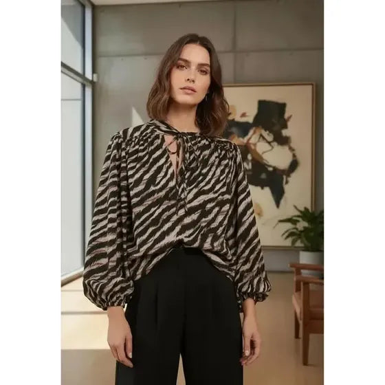 Blusa Animal Print Mujer Twill Elegante Casual Fiesta Volado