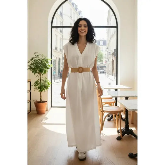 Tunica Julian Vestido Largo Maxi Lino Premium Escote V Mujer