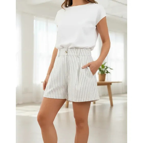 Short Ona Lino Rayado Mujer Con Pinzas Fresco Elegante Moda